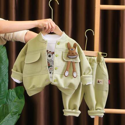 婴儿衣服春季洋气可爱纯棉外套三件套7八9个月一周岁男宝宝春秋装