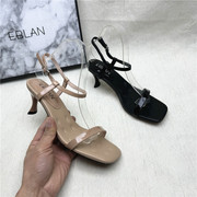 EBLAN/伊伴撤柜正品时尚高跟露趾女鞋夏季新款真皮一字扣带凉鞋子