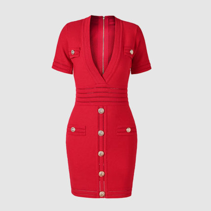 现货2024欧美深V领短袖冰丝双曲针织镂空修腰包臀短裙红色连衣裙