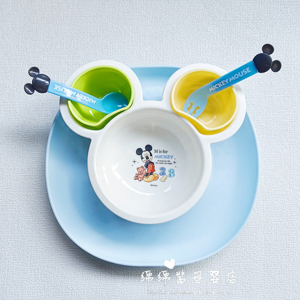 日本锦化成迪士尼卡通宝宝儿童米妮米奇吃饭餐盘餐具套装勺子叉子