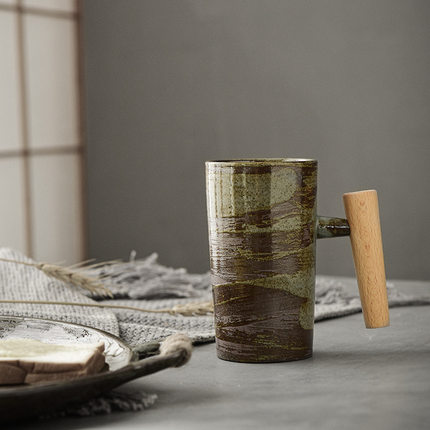 日式粗陶马克杯 创意木把手跨境小众速溶咖啡杯 复古陶瓷早餐杯子