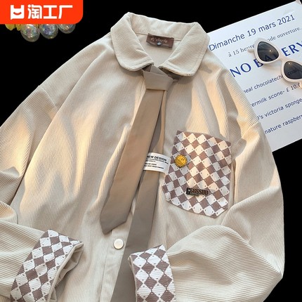 日系复古灯芯绒衬衫外套男新款设计感小众长袖衬衣男生格子2024年
