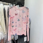 夏日新款粉色蝴蝶结长袖t桖女ins冰丝网纱防晒薄款打底衫