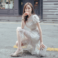 裙子2024年新款夏性感气质法式仙女裙超仙白色蕾丝泡泡袖连衣裙