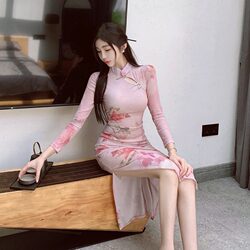新中式纯欲风气质温柔茶系年轻长款改良旗袍女舞蹈修身开叉连衣裙