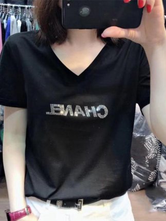 韩国2024夏装新款短袖T恤女V领字母重工烫钻修身半袖体恤衫上衣潮