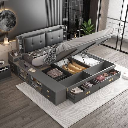 实木床气动高箱储物床1.8米现代简约主卧床1.5小户型1.2米双人床