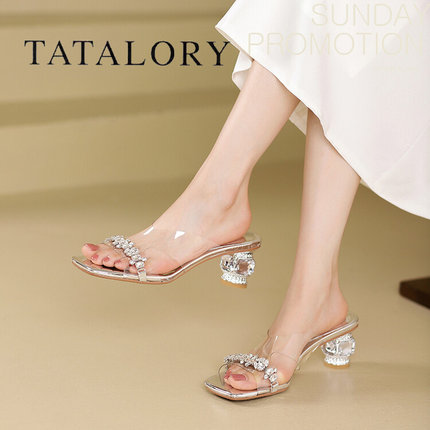 TATA LORY女鞋气质透明水钻粗跟露趾凉拖鞋外穿时尚水晶高跟凉鞋