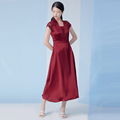 EMOO杨门夏季短袖连衣裙高级感红色V领纯色长裙高档礼裙女段料裙