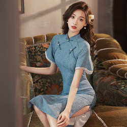 名媛风夏季新式蓝色旗袍裙短款蚀骨改良少女年轻款高端气质日常