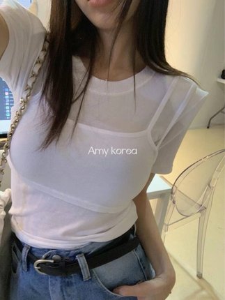 韩国东大门代购24春季新款REVE纯色圆领短袖T恤吊带背心两件套女