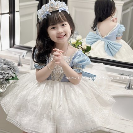 2024夏季女童艾莎公主蓝色星河梦洛丽塔蓬蓬裙公主裙生日礼服冰雪