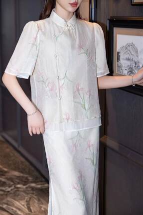 韩国ulzzang夏季新款法式气质时尚立领盘扣旗袍上衣+半身裙套装女