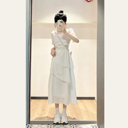 高级感白色连衣裙女夏季2023新款小个子法式泡泡袖收腰显瘦蛋糕裙
