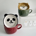 JL 出口日本陶瓷餐具 柴犬熊猫含盖汤杯马克杯情侣对杯企鹅水杯