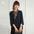 YUN韫2023秋季新款衬衫女 减龄设计感气质飘带领雪纺七分袖上衣女