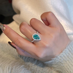 高级感复古镶钻水滴形3克拉海蓝宝戒指女士925纯银镀金仿真蓝宝石