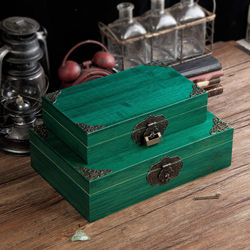 竹盒子复古带锁木盒竹木收纳盒木箱收纳木质实木储物箱子盒箱绿色