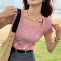 彩虹条纹针织衫短袖t恤女装夏季法式方领小个子高腰辣妹短款上衣