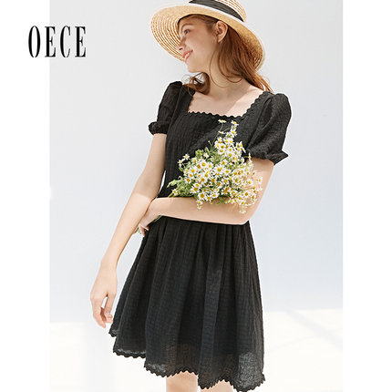 Oece夏装新款女装 赫本复古法式优雅小方领泡泡袖高腰连衣裙