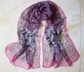 特价纯真丝长款围巾蚕丝印花丝巾簿款紫粉色花朵52X152厘米-B032