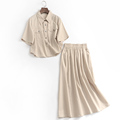 X324纯色宽松工装风口袋翻领衬衫上衣夏季新款2023短袖半身裙套装