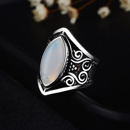 藏族民族时尚月光石食指戒指女韩版时尚925纯银夸张朋克个性男戒