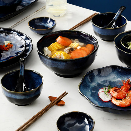 日式复古窑变蓝盘子套装创意个性陶瓷碟子菜盘单个家用碗盘组合