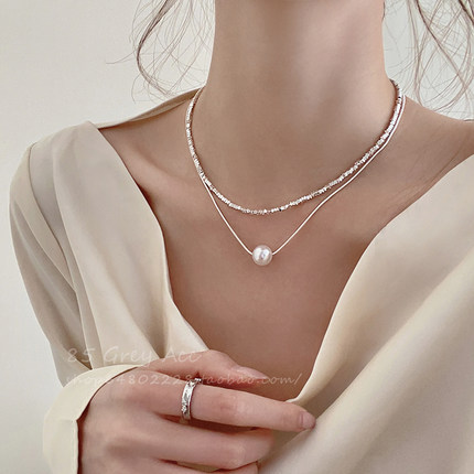 轻奢高级感双层叠戴碎银子珍珠项链女夏小众设计感锁骨链气质颈链