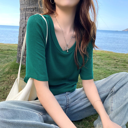 纯棉短袖T恤女夏季宽松2024年新款大领口体恤显瘦绿色V领半袖上衣