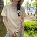 棉麻短袖T恤女夏季2024年新款V领纯色体恤宽松设计感冰丝薄款上衣