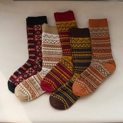 秋冬季纯棉袜子女中筒袜保暖加厚日系复古名条纹堆堆袜长筒袜长袜