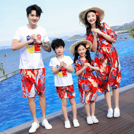 夏款亲子装一家三口洋气母女连衣裙沙滩海边渡假家庭短袖T恤套装