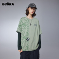 GUUKA浅绿色假两件拼接长袖T恤男春季新款 情侣240克纯棉上衣宽松