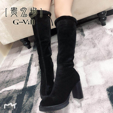 G-vill/贵之步2018秋冬新款羊京高跟长靴圆头高跟欧美风时尚百搭