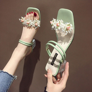 凉鞋女2021年新款仙女风韩版时尚夏季花朵高跟一字两穿粗跟凉拖鞋