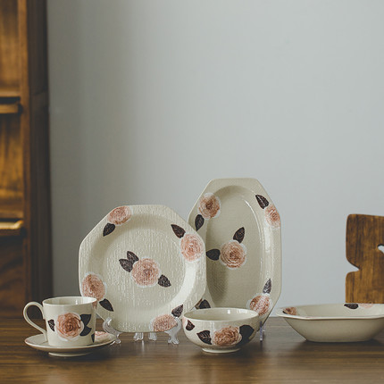 陶米手作手绘玫瑰花碗碟餐具陶瓷盘家用咖啡杯碟组合日式文艺套装