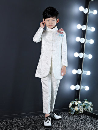 男童白色华夏千年模特走秀礼服儿童主持舞台演出国潮民国西服套装