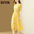 丹慕妮尔法式浪漫印花雪纺连衣裙女夏季新款气质黄色收腰长裙