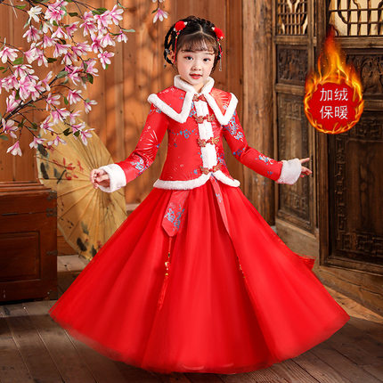 女童服装冬季加绒红色拜年服唐装汉服裙子上衣两件套装4-13岁长袖