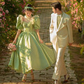 新款影楼主题服装油画风轻复古婚纱摄影写真法式绿色简约公主礼服