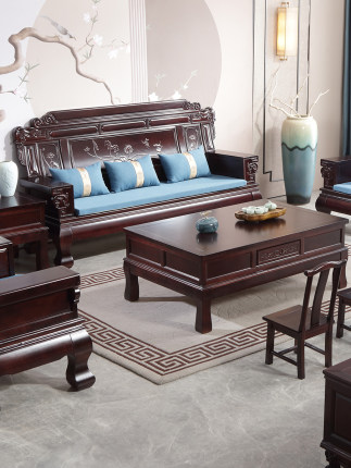 新中式全实木香樟木沙发组合三人坐木椅子套装办公室农村客厅家具