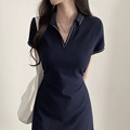 韩国ins夏季法式复古POLO领撞色镶边收腰显瘦中长款短袖A字连衣裙