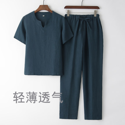 2023夏季薄款半袖套装男士亚麻v领t恤中国青年男装夏中式休闲长裤