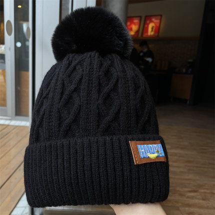 韩版秋冬贴布针织帽女加厚保暖毛球毛线帽户外护耳冷帽加绒帽