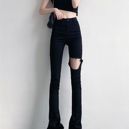 韩国高腰显瘦薄款黑色破洞微喇叭牛仔裤女夏季高个子加长版拖地裤