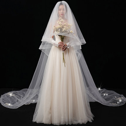 韩式新娘长款大拖尾头纱超仙森系网红拍照道具婚纱礼服头纱头饰女