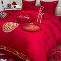 新品新款大红色婚庆四件组纯棉全棉100新婚床单盖被套结婚房喜庆
