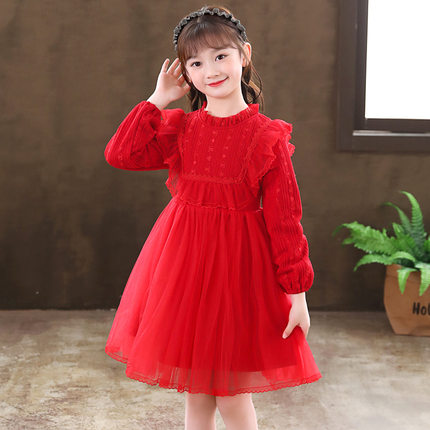 2023春装新款女童连衣裙儿童钢琴演出礼服舞蹈表演红色蕾丝公主裙